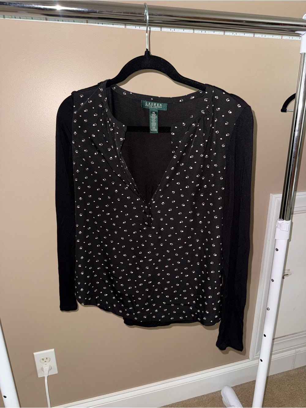 Ralph Lauren Black Long-Sleeve V-Neck Blouse with White Dots